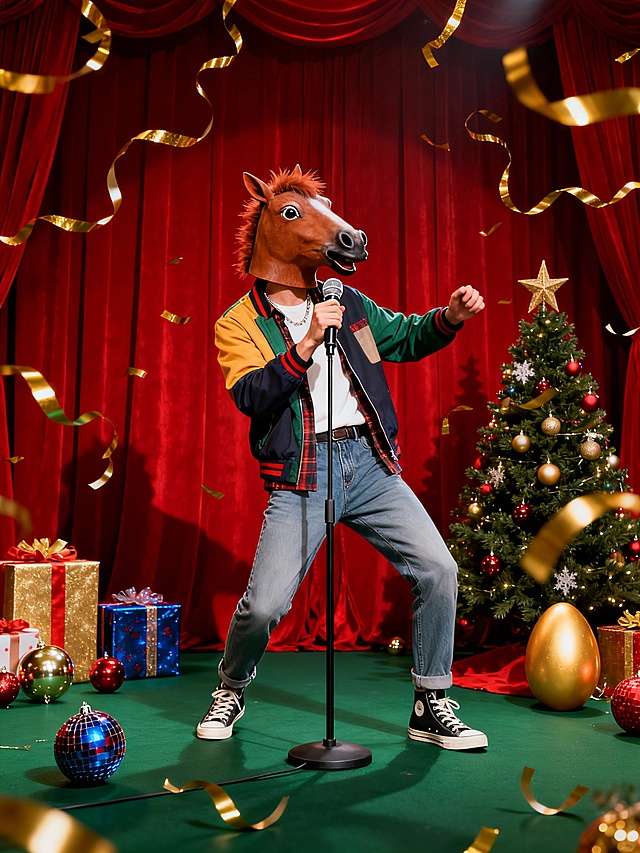 围绕模特构图，带棕色马头面具的模特（时尚年轻的穿搭）摆出活泼的姿势握着前面的立麦在一个舞台上，舞台上搭配礼盒、彩球、圣诞树和金蛋，周围飘着金色彩带制造氛围；综艺宣传风格，背后的红幕布+墨绿色地面图片比列3：4