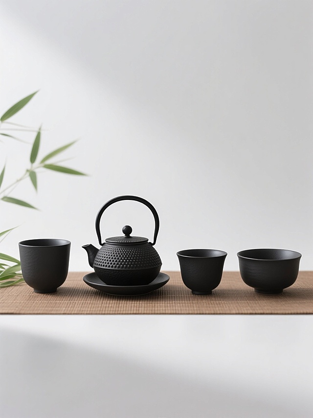 一张具有极简主义风格的茶具摄影海报，画面主体为四个不同样式的黑色茶具，包括一个带有圆点纹理的提梁茶壶、一个带托盘的茶杯，以及另外两个造型各异的茶杯或茶碗，所有茶具均采用哑光黑色陶瓷材质，表面质感细腻。茶具整齐摆放在浅棕色竹制垫子上，垫子纹理清晰可见。茶具旁点缀着几片翠绿的竹叶，增添自然气息。整体构图采用简约对称式布局，主体位于画面中央，视觉层级明确，茶具为绝对视觉焦点。背景为纯白色，光线柔和均匀，从左上方打亮主体，在茶具边缘形成淡淡的高光，底部投射出柔和的阴影，增强立体感。色调以黑白棕为主，色彩和谐统一，营造出宁静、素雅、禅意的东方美学氛围。画面无任何文字信息，信息传达简洁高效，突出茶具本身的设计美感与材质质感，符合追求简约生活美学人群的审美需求。