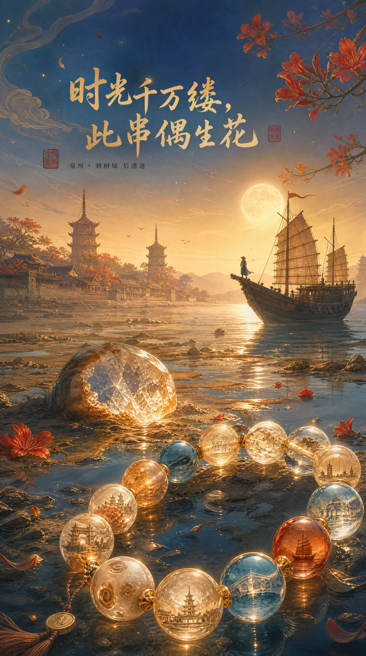国风插画，泉州刺桐城后渚港场景，主题"时光千万缕，此串偶生花"… - 图片创意预览
