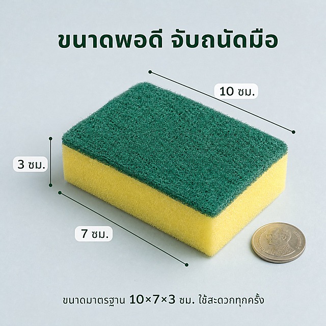 [主图-5] Scotch-Brite 单片海绵百洁布 尺寸标注图 10×7×3 cm 真实产品摄影
[统一基调] 泰国TikTok Shop/Shopee 真实产品尺寸图 浅灰蓝背景 泰文无衬线字体 自然清晰 全套统一
[画面] 单片黄色海绵百洁布 绿色百洁布面朝上 正等轴测角度自然摆放 清晰展示长宽高三维 单片规格10cm长×7cm宽×3cm厚 放在浅灰蓝色哑光台面上 背景纯净浅灰蓝 旁边放一枚普通泰铢硬币作为大小参照 增加真实感 有深绿色细尺寸标注线和数字 标注准确清晰
[光影质感] 真实产品摄影 柔和均匀顶光 海绵有真实厚度和孔隙质感 百洁布面纹理清晰 边缘整齐自然 底部有自然投影 立体感真实 不夸张
[配色] 浅灰蓝背景 产品黄绿真实 标注线深绿色细线 数字白底深绿字 专业清晰不花哨
[文字版式] 顶部泰文大标题"ขนาดพอดี จับถนัดมือ" 右侧水平细标注线指长度 标"10 ซม." 前方水平细标注线指宽度 标"7 ซม." 侧面垂直细标注线指厚度 标"3 ซม." 底部一行小字"ขนาดมาตรฐาน 10×7×3 ซม. ใช้สะดวกทุกครั้ง" 尺寸数字醒目准确 文字简洁
[输出要求] 1:1 2048x2048 尺寸标注清晰准确 单片规格10×7×3cm 产品真实自然 无包装 无变形 无水印 无中文 无LOGO占位