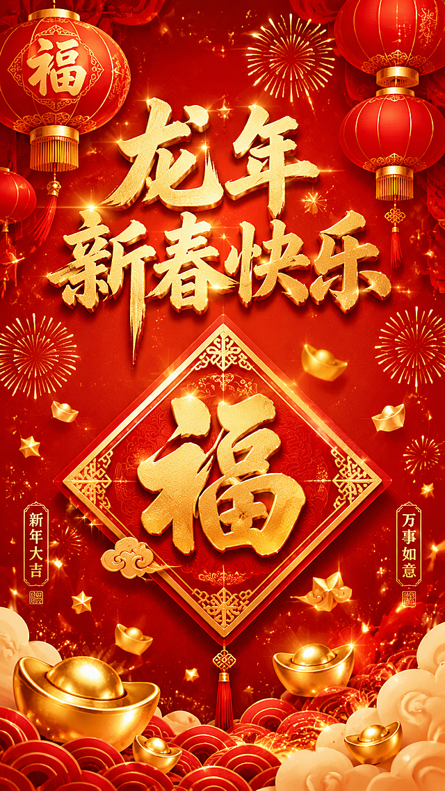 首页：红金喜庆风格竖版春节电子贺卡封面，写有"龙年新春快乐"大字标题，搭配福字、大红灯笼和金色烟花装饰，金元宝星星飘落特效