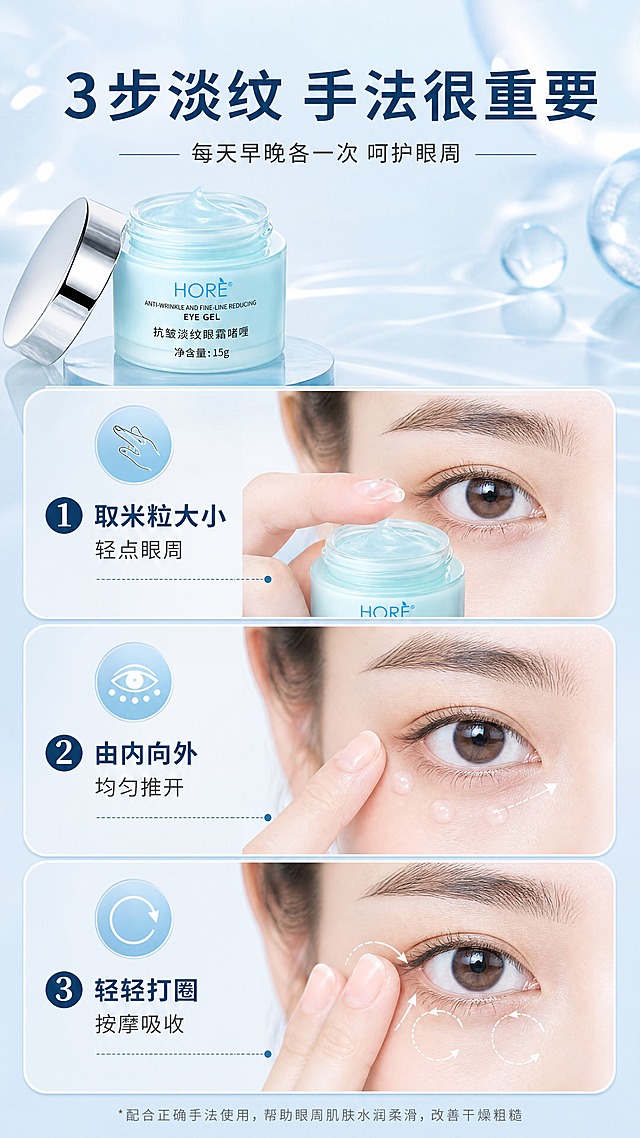 [商品] 使用【图1】HORE抗皱淡纹眼霜啫喱；保留HORE Logo、瓶身颜色、银色旋盖等原貌；产品开盖状态，配合手部取用动作。
[画面] 页面目标：使用步骤演示，教用户正确的眼部护理手法。构图：步骤演示型，画面纵向分为3步，每步配一只手的局部动作图+简短步骤文字；从取量→点涂→按摩，逐步展示；产品瓶放在画面左上角或底部贯穿。景别：手部+眼部局部中景。阅读动线：顶部标题→第1步取量→第2步点涂→第3步按摩。前中后景：前景步骤卡片、中景手部动作+产品、后景浅蓝渐变水光背景。
[视觉] 套系策略：风格=清透科技感护肤商业摄影风；标题字=现代无衬线粗体（思源黑体Heavy）；正文字=简洁无衬线体（思源黑体Regular）；主色=浅冰蓝+白色；背景延展=基于浅冰蓝做深浅渐变、水光波纹和细腻玻璃质感层次；强调色=深海蓝，仅用于小面积图标、引线和标签高亮；标题色=深海蓝；正文色=中灰蓝；组件=圆角半透明信息卡、细线引线、圆形渐变icon；光影=左前侧柔白光，手部肌肤自然，瓶身带高光。
[文字] 顶部主标题「3步淡纹 手法很重要」（8字），副标题「每天早晚各一次 呵护眼周」；3步分别标注：① 取米粒大小 轻点眼周 ② 由内向外 均匀推开 ③ 轻轻打圈 按摩吸收；每步配编号圆圈，文字横向排版，字号手机端清晰可读。
[规格] 淘宝/天猫详情页单屏9:16竖版，4K分辨率，负向提示：避免手法错误、产品变形、文字错字、极限词、医疗功效、文字竖排。