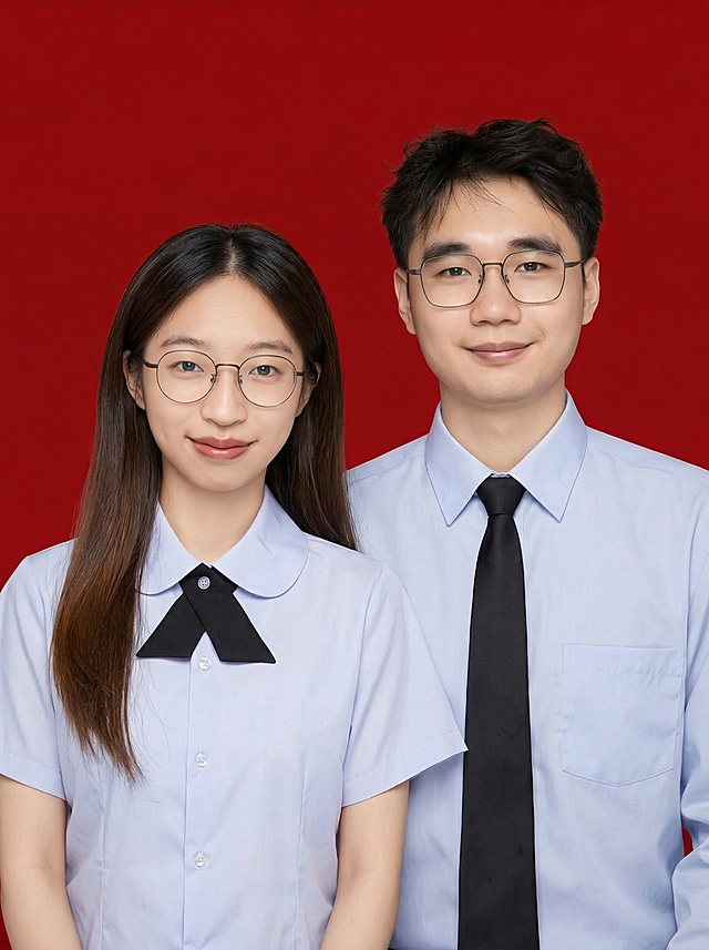 保留第一张图的红背景、人物着装、姿势和整体场景不变，将男士和女士的容貌替换为第二张图中的男士和女士容貌，保持人物表情自然真实，嵌合自然不要失真，保持人物一致性