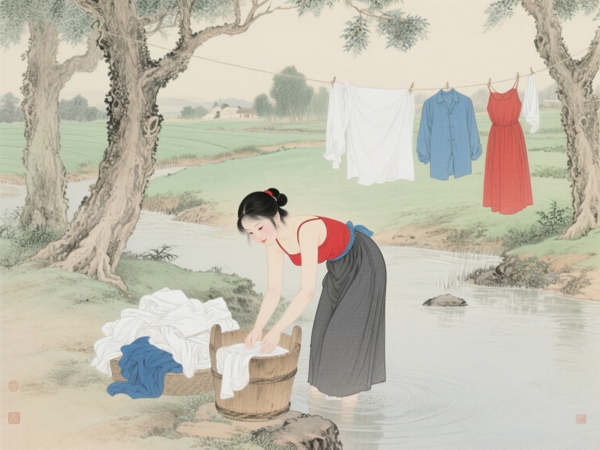 中国乡村工笔画风格，一幅详细多彩的传统风格插画，描绘一位年轻女子在河边洗衣的场景。女子皮肤白皙，黑发束起，身着红色露肩吊带衫和深灰色长裙，弯腰在木桶中洗衣，桶旁堆放着白色和蓝色衣物。背景是宁静的乡村风预览效果
