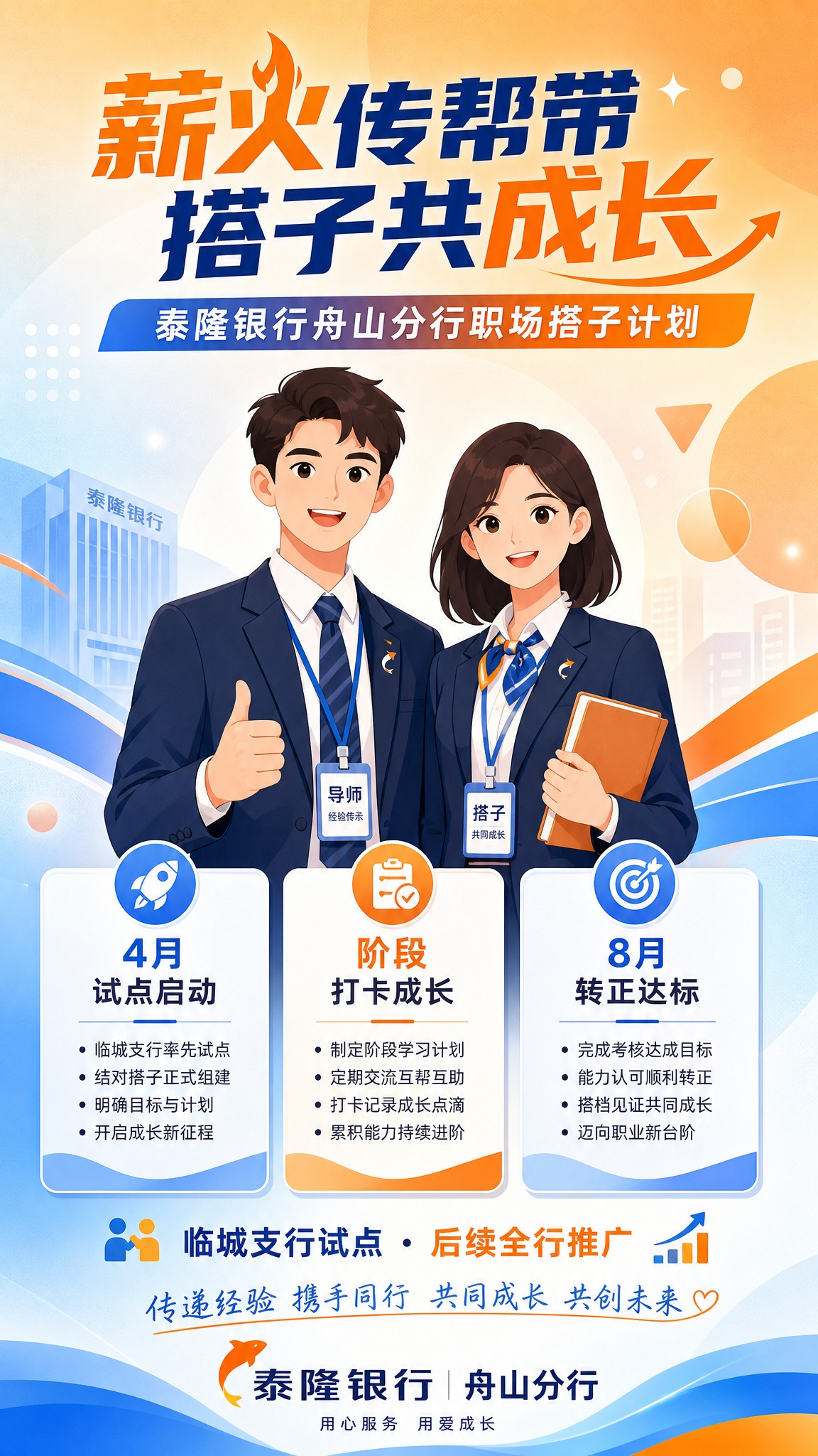 一张企业内部宣传海报，扁平插画风格，温暖正能量，蓝橙暖色调。画… - 图片创意预览