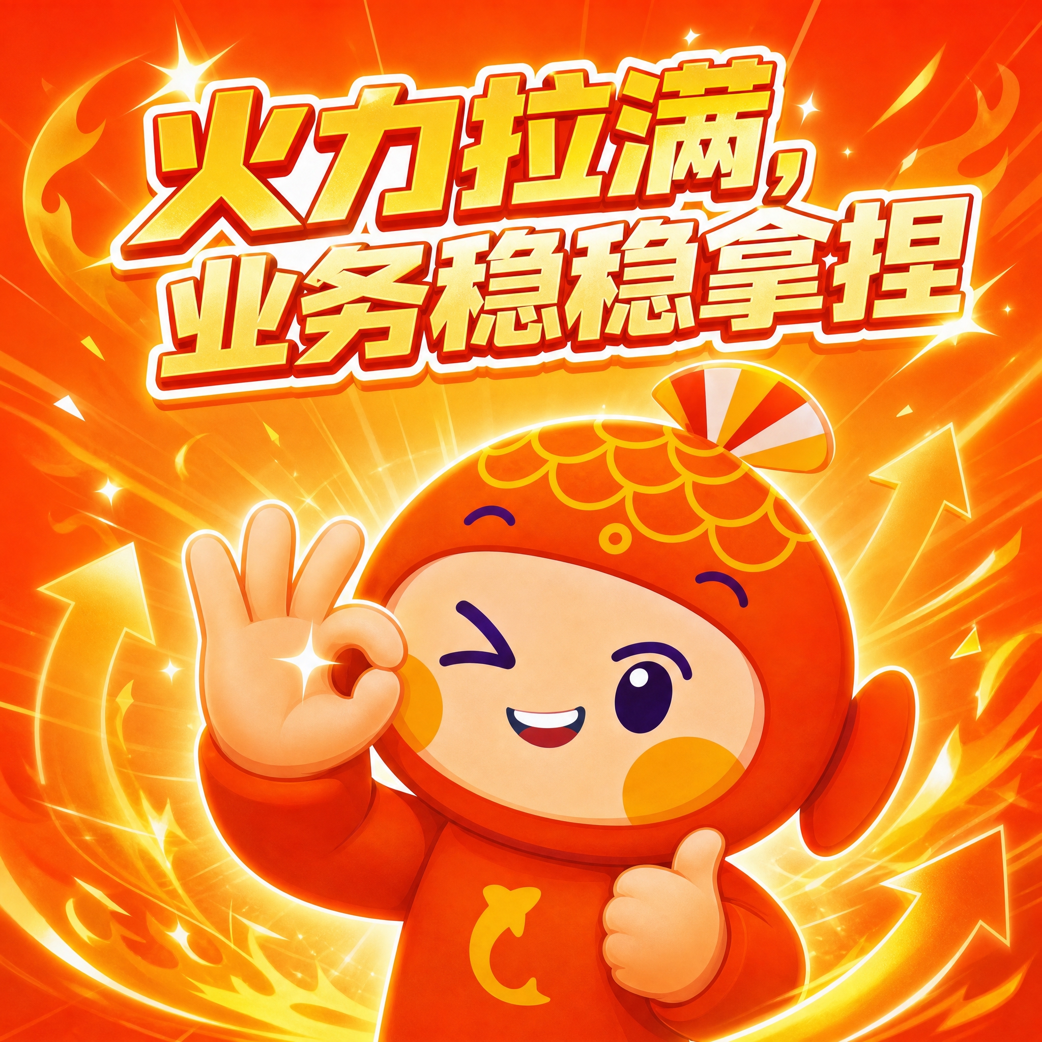 基于参考图中的橙色鱼形卡通IP形象，设计一张"火力拉满，业务稳… - 图片创意预览