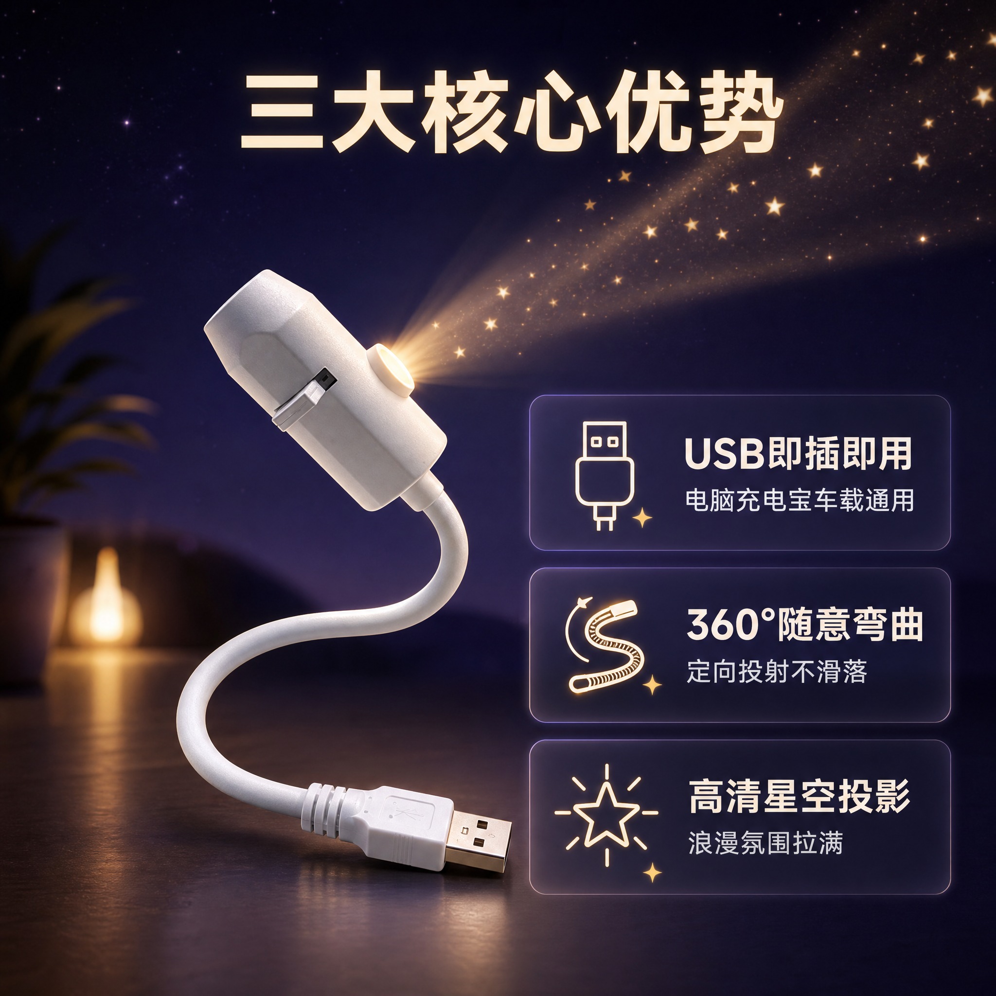 [主图-2] USB氛围投影灯核心卖点信息图，突出产品功能特点… - 图片创意预览