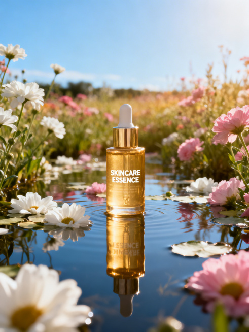 将图中的护肤品瓶子自然融入到现有的水面花田背景中，让整体光影、色调和谐统一，产品和背景完全融合，保留产品上的文字清晰可见预览效果