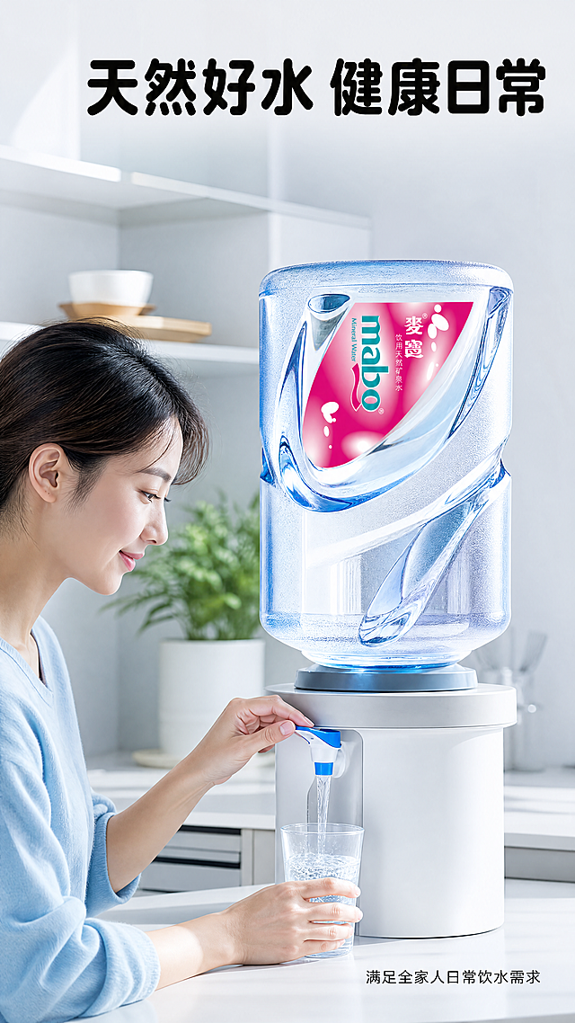 「图片1」，生成详情页，商品名称为麦宝天然矿泉水17L，💧 麦宝17L天然矿泉水 | 来自罗浮山的自然好水
 
🌿 【核心亮点】
 
✅ 水源地硬核实力
源自国家5A级风景区惠州罗浮山自然保护区，取自地下深层花岗岩裂隙水源，历经岩层数十年天然过滤与矿化，远离污染，是大自然孕育的优质好水。
 
✅ 天然矿物均衡滋养
深层循环过程中自然溶解偏硅酸、钙、镁、钾等多种微量元素，水质清冽甘醇，长期饮用更适合日常补水、泡茶煮饭，保留食物本味。
 
✅ 品质严格有保障
执行国标GB8537天然矿泉水标准，水源地直接灌装，拥有正规采矿资质，拒绝二次污染，每一滴都纯净可靠。
 
✅ 大容量更省心
17L大桶装设计，适配家用/办公饮水机，减少频繁换水麻烦，满足日常多人饮水需求，经济又实用。
 
 
 
✨ 为什么选麦宝？
 
- 区别于普通纯净水/山泉水，它是真正的天然矿泉水，矿物质来自地层深处，不是人工添加
- 罗浮山生态屏障加持，水源地260平方公里天然氧吧，水质更稳定、口感更清甜
- 循环桶可重复使用，环保又划算，家庭/企业用水性价比拉满
 
无论是日常直饮、泡茶冲咖啡，还是煲汤煮饭，麦宝都能给你一杯自然纯净的好水~
适配淘宝/天猫平台，单图比例为9:16，需求屏数为8张。