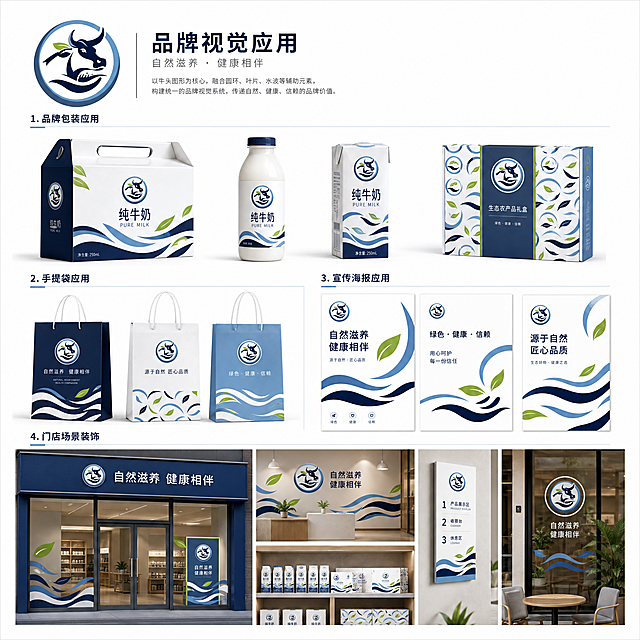将之前生成的牛头品牌logo和统一配色的可重复辅助图形，应用在品牌包装、手提袋、宣传海报、门店场景装饰上，展示完整的品牌视觉应用效果，保持藏青蓝、浅蓝、草绿色统一配色，简约商务风格