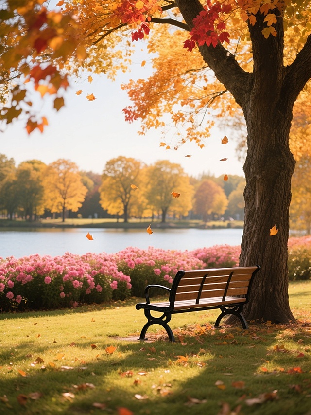 一幅秋日公园的写实摄影作品，画面右侧有一张木质长椅，黑色金属扶手，长椅位于粗壮的树木旁，树木的枝干上长满橙黄色和红色的秋叶，部分叶子正在飘落。长椅前方是一片盛开的粉红色花丛，花丛后方是平静的湖面，湖对岸有一排树木，树叶呈现出秋天的金黄色。阳光透过树叶的缝隙洒在草地上，形成斑驳的光影，整体色调温暖，以橙黄、红色、金黄色为主，营造出宁静而富有诗意的秋日氛围，画面清晰，细节丰富，光影效果柔和自然，构图采用三分法，长椅和树木位于前景，花丛和湖面位于中景，对岸树木位于远景，具有明显的空间层次感。