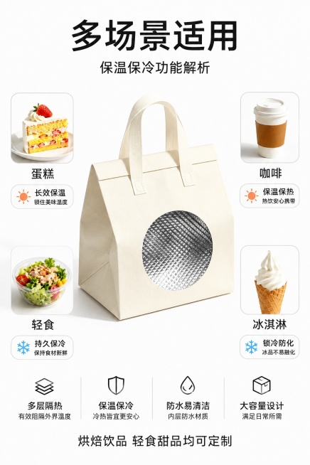 [第4屏] 保温保冷功能解析，展示保温袋核心功能优势。本屏使用【图6】作为产品展示。
[氛围/风格] 简约信息卡风格，干净背景，直观功能表达。
[元素布局] 米白色带开窗保温袋放置在画面中心偏下，占比预览效果
