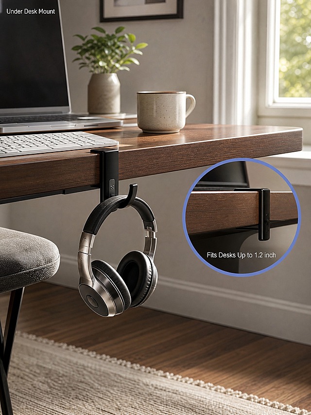 [主图-4] Headphone Hanger Hook 4-Pack Under Desk Headset Holder Mount，真实使用场景图，展示家庭办公桌下挂耳机的完整使用场景。
[统一基调] 真实家居办公场景，自然光感，温暖木色桌面+白色墙面，画面有生活气息但产品清晰突出。无过多文字，仅角落轻量标签。
[画面] 画面展示一个现代简约风格的家庭办公桌侧面视角。深胡桃木色桌面下方，黑色耳机挂架夹持在桌面边缘下方，挂钩上挂着一副银黑色头戴式大耳机，耳机自然垂下。桌面上能看到部分笔记本电脑、键盘和一杯咖啡的边缘，背景是白色墙面和一扇小窗户的自然光。画面右侧有一个圆形放大特写窗，圈出挂架夹持桌面的细节，展示安装方式的紧密贴合。产品处于画面中下视觉重心，是场景中的焦点。
[光影质感] 自然光从右侧窗户照入，桌面有柔和光影，挂架和耳机有自然的环境光反射，哑光黑金属表面有桌面的暖色反光。挂架与桌面底部的夹持处有真实接触阴影，耳机头梁搭在挂钩上有轻微受力形变。整体氛围温馨真实。
[配色] 场景主色为深胡桃木色+白色+暖灰色，产品黑色为视觉焦点，放大窗边框科技蓝色。
[文字版式] 左上角小字标签"Under Desk Mount"白色细体字，放大窗内底部小字"Fits Desks Up to 1.2 inch"白色小字。文字极少且不抢产品视觉。所有文字均为英文。
[输出要求] 3:4竖版比例，场景真实自然，产品清晰突出，光影融合自然，无悬浮感、无硬切边缘，无变形、错字、模糊、水印、平台Logo。禁止中文文字。