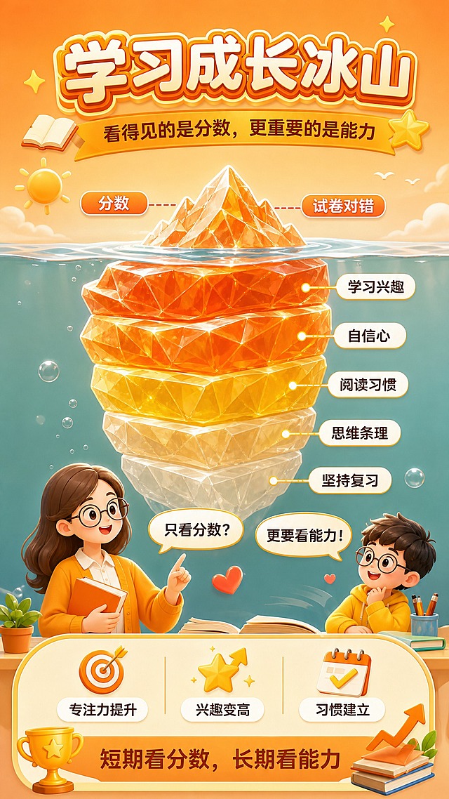 成长教育冰山信息图，竖版9:16，文案内容与参考图一致，画面设计与参考图有明显区别：全新配色、全新版式、全新冰山造型。

【文案内容（必须完整呈现）】
主标题："学习成长冰山"
副标题："看得见的是分数，更重要的是能力"
水上标签："分数""试卷对错"
水下五层：学习兴趣、自信心、阅读习惯、思维条理、坚持复习
左下角三个标签：专注力提升、兴趣变高、习惯建立
对话气泡："只看分数？""更要看能力！"
底部标语："短期看分数，长期看能力"

【全新设计（与参考图明显不同）】
- 配色：暖橙色+金色+米白色为主，背景暖橙渐变（与原图深蓝色完全不同）
- 版式：竖版上下分区，顶部标题区、中部冰山主视觉、底部结论区（与原图左右布局不同）
- 冰山造型：重新设计为圆润的3D水晶质感冰山，水上尖峰较小，水下主体宽大分层明显，五层用不同暖色渐变（橙、金、黄、米色）表现，层次标签在冰块右侧
- 人物：全新卡通人物设计（戴眼镜的老师和孩子，风格与原图不同），对话气泡"只看分数？""更要看能力！"居中或右侧
- 图标：奖杯、书本+上升箭头、三个定位标签全新绘制

【风格】现代教育信息图，3D质感+扁平插画结合，温暖积极，版式精美，信息层级清晰，四周留安全边距，文字清晰可读。

画面中所有文字内容必须与参考图完全一致，不得改写、遗漏或编造。
画面中所有信息区域必须填充完整合理的内容，不得出现空白框、空白占位、横线待填写区域、空列表项、空单元格。