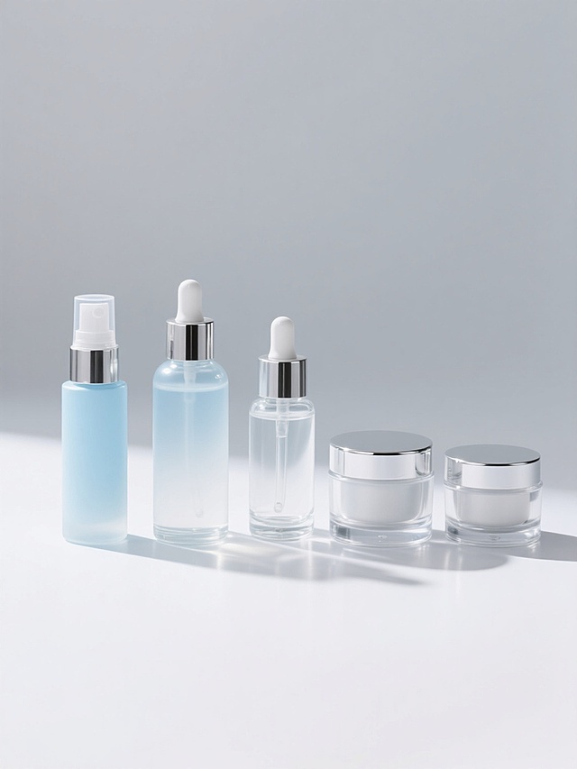 5个不同样式、不同类型的护肤品，包括喷雾瓶、精华瓶、面霜罐等，透明玻璃材质，搭配银色金属瓶盖和按压泵头，瓶身呈现从浅蓝到透明的渐变效果，表面光滑有光泽，在白色背景上呈直线整齐排列，光线从左上方照射，瓶身左侧有明亮高光，右侧投射出柔和阴影，整体画面干净简洁，具有清晰的产品展示感和高端护肤品的精致质感。