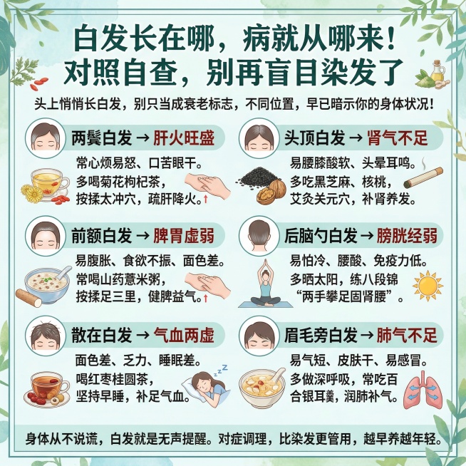 健康养生科普图文海报，包含以下完整文案："白发长在哪，病就从哪来！对照自查，别再盲目染发了头上悄悄长白发，别只当成衰老标志，不同位置，早已暗示你的身体状况！两鬓白发 → 肝火旺盛常心烦易怒、口苦眼干。预览效果