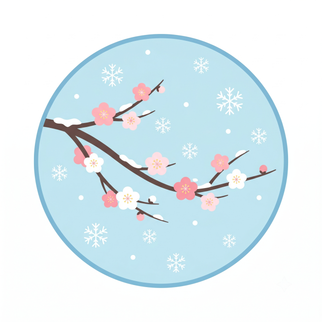 冬季主题圆形简单小图画，画面包含雪花和梅花，简约扁平风格，纯圆形构图，色彩清新，无多余元素预览效果