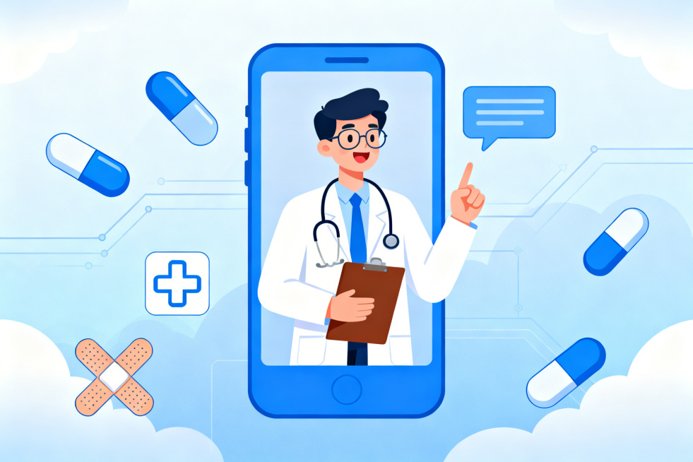 Flat vector illustration, a male doctor with glasses emerging from a blue smartphone screen, wearing预览效果