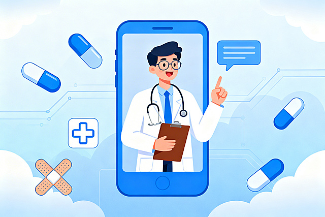 Flat vector illustration, a male doctor with glasses emerging from a blue smartphone screen, wearing a white lab coat and stethoscope, holding a folder, smiling and raising a finger. Surrounded by medical elements: blue capsule pills, band-aid, medical cross icons, chat bubbles. Background with light blue gradient, clouds, and tech lines, modern and minimalist style, theme of online medical consultation and telemedicine.