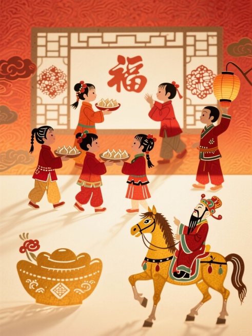 主体是穿红衣的孩童们（有的端饺子盘、有的贴窗花、有的举灯笼），画面下方是财神骑黄棕骏马，皮影质感年夜饭盘、皮影质感饺子、窗花、祥云等吉祥皮影元素；背景为米黄底色 + 橙红渐变暗纹（带福字印花），配色温预览效果
