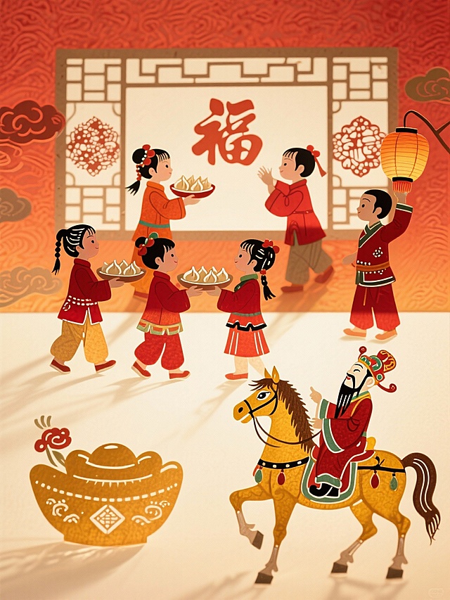 主体是穿红衣的孩童们（有的端饺子盘、有的贴窗花、有的举灯笼），画面下方是财神骑黄棕骏马，皮影质感年夜饭盘、皮影质感饺子、窗花、祥云等吉祥皮影元素；背景为米黄底色 + 橙红渐变暗纹（带福字印花），配色温暖喜庆（大红、橙黄、棕黄、米白）；纯皮影风格
