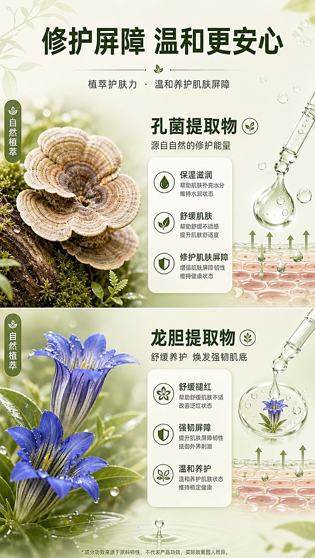 [商品] 成分机理专页，无需垫产品实物图；以植物原料视觉化表达为主。
[画面] 页面目标：深度解析孔菌提取物+龙胆两大核心成分，突出修护屏障功效。构图：上下分栏布局，上方孔菌提取物区，下方龙胆区；每个成分区左侧是放大的植物原料图（菌类/龙胆花），占各区约35%，右侧配功效说明卡和精华液滴/屏障修护示意图；背景为浅米白+淡绿色渐变，融入淡淡的植物纹理和水光感；成分元素整体占主画面≥60%。
[视觉] 套系策略：风格=国内美妆个护高级商业摄影+草本植萃清新风+科研成分感；标题字=思源黑体粗体/现代无衬线粗体；正文字=思源黑体常规体；主色=草木绿+米白+浅棕；背景延展=基于米白+草木绿做深浅渐变、水光质感和细腻植物纹理；强调色=深草木绿，仅用于小面积图标、引线和标签；标题色=深草木绿；正文色=深灰；组件=圆角浅底信息卡、细线引线、草本图标、屏障修护示意图；光影=柔和均匀布光，通透干净。
[文字] 顶部主标题「修护屏障 温和更安心」；上半区孔菌提取物：标题「孔菌提取物」，功效点「保湿滋润 / 舒缓肌肤 / 修护肌肤屏障」；下半区龙胆：标题「龙胆提取物」，功效点「舒缓褪红 / 强韧屏障 / 温和养护」；所有文字横向排版，字号保证手机端清晰可读。
[规格] 图片比例9:16竖版，4K分辨率，淘宝/天猫详情页适配；负向提示：避免变形、错字、文字过小、冷蓝背景、医疗功效表述、极限词、消炎等医疗用语（改用舒缓/修护/养护等护理表述）。