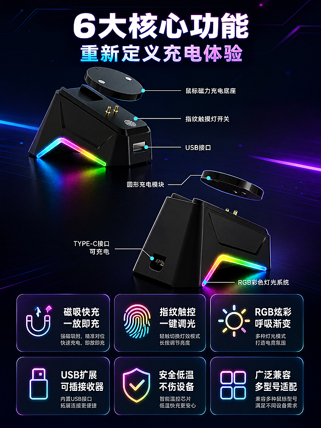 [商品] 使用【图1】黑色磁吸鼠标充电底座结构标注图；保留底座所有结构部件、标注引线和部件名称位置；商品处理：清晰化各部件细节，增强RGB灯带发光效果，不改变结构和比例。
[画面] 目标：详情第3张-核心卖点总览，6大功能一图看懂。构图：左上方产品斜视图（带结构爆炸效果），右下方和底部分布6个卖点卡片，采用2行3列网格布局，每个卡片含图标+标题+短说明。主体产品占画面40%，卖点卡占画面50%。背景为深色科技渐变。
[视觉] 套系策略：风格=深色科技电竞风3D商业渲染；标题字=粗黑体无衬线；正文字=现代无衬线体；主色=深空黑；背景延展=基于深空黑做深蓝紫渐变、霓虹光带、粒子光斑和几何线条；强调色=RGB彩虹渐变（青/粉/黄/紫），仅用于灯带、光效、图标点缀和标题高光；标题色=纯白+霓虹渐变描边；正文色=浅灰白；组件=圆角深色半透明信息卡、霓虹发光图标、细线引线；光影=顶部柔光+产品自发光+卡片微弱发光。
[文字] 顶部大标题"6大核心功能 重新定义充电体验"，6个卖点卡片分别为："磁吸快充 一放即充"、"指纹触控 一键调光"、"RGB炫彩 呼吸渐变"、"USB扩展 可插接收器"、"安全低温 不伤设备"、"广泛兼容 多型号适配"。
[规格] 图片比例3:4竖版，4K，负向提示：避免变形、错字、文字过小、结构缺失、颜色改变、白底、模糊、材质失真。