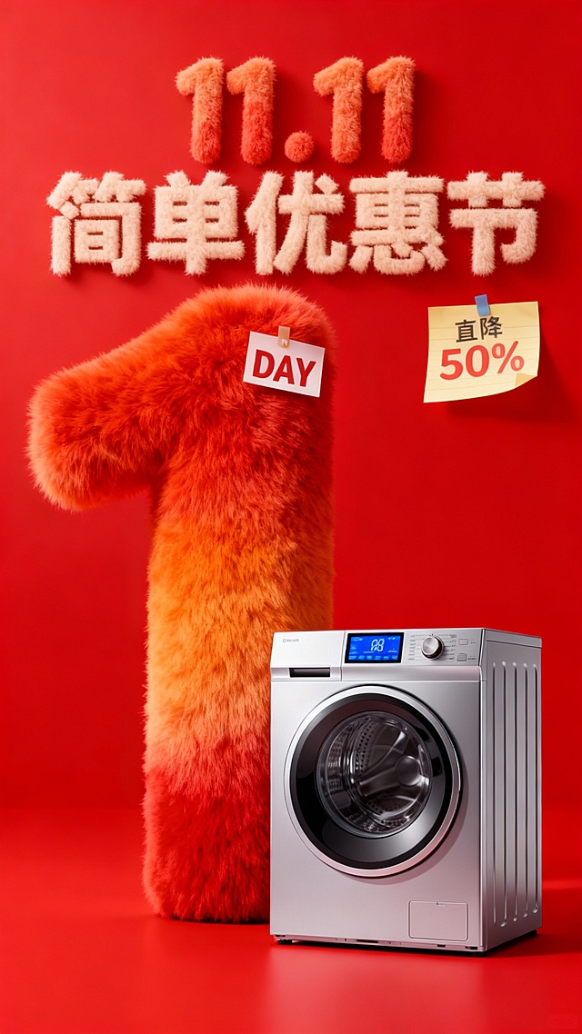 主视觉为一个红橙色渐变毛绒材质的“1” ，“DAY”标签位于数字“1”上，商品位于画面右下角，背景是高饱和红色结合便签纸元素，画面上方为毛绒主标题“11.11 简单优惠节”，“直降50%”便利贴装饰。
