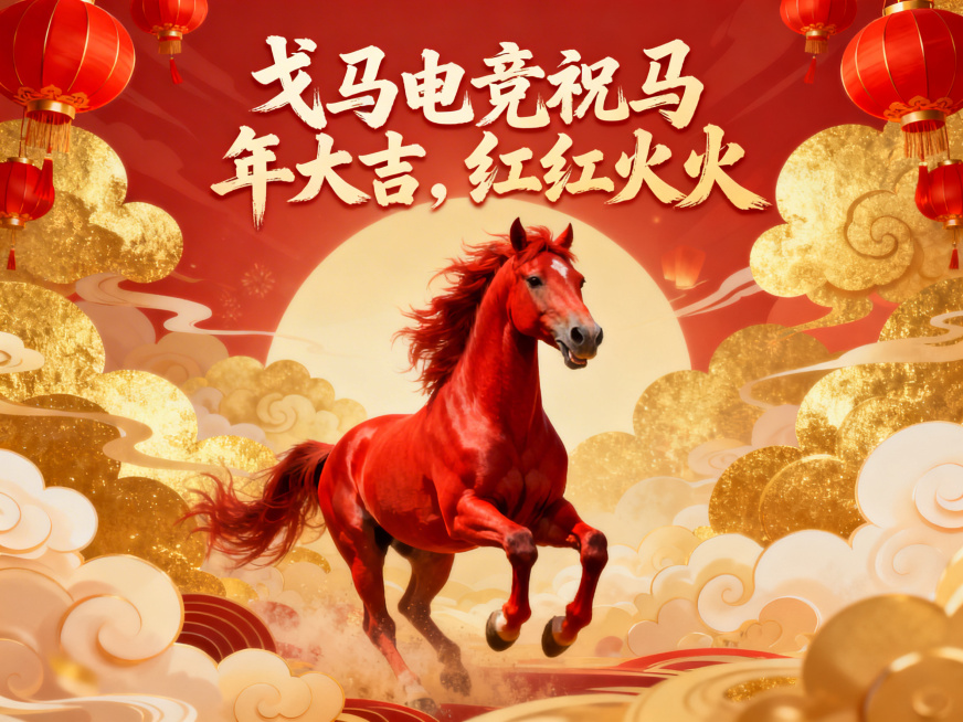 横版4比3马年祝福海报，文字为戈马电竞祝马年大吉，红红火火预览效果