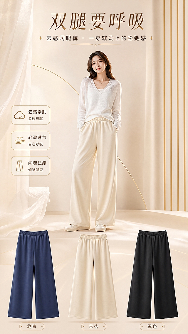 [商品] 使用【图1】米杏色、【图2】藏青色、【图3】黑色云感阔腿裤；商品处理：保留松紧腰头、阔腿版型、裤脚缝线、三色原款结构与颜色；自然去除挂架褶皱，理顺垂坠，增强面料细腻纹理与缝线质感，不改变版型和材质。画面中央亚洲女模特身穿米杏色阔腿裤，左右两侧悬浮展示藏青与黑色同款，形成三色主视觉。
[画面] 目标：首张风格头图海报，营造高级轻奢的云感舒适氛围。构图：竖版9:16，上半部分模特全身占画面60%，下半部分左右对称陈列藏青与黑色阔腿裤单品；模特位于视觉中心偏上，左右单品形成平衡；前景浅米色纱幔轻飘，中景模特与裤子，后景暖调米色渐变空间+金色几何线条装饰。阅读动线：顶部标题→中部模特主视觉→底部三色单品。
[视觉] 套系策略：风格=高级轻奢女装商业摄影风；标题字=纤细优雅衬线体+轻描边；正文字=简洁现代无衬线体；主色=浅米色；背景延展=基于浅米色做深浅渐变、同色系层次与细腻织物/哑光墙面质感；强调色=香槟金色，仅用于细线、图标、标签边框和局部高光；标题色=深棕金；正文色=暖灰棕；组件=圆角浅金描边信息卡、细金线引线、小面积金箔质感装饰；光影=左前侧暖柔光，右侧金色轮廓光，柔和自然阴影。
[文字] 顶部居中主标题「双腿要呼吸」，副标题「云感阔腿裤 · 一穿就爱上的松弛感」，底部三色标注「米杏 / 藏青 / 黑色」；文字不遮挡模特腿部与裤型主体；所有文字横排，层级清晰，手机端可读。
[规格] 图片比例9:16竖版，4K分辨率，负向提示：避免变形、错字、文字过小、冷蓝背景、裤型失真、颜色偏差、白底孤立、极限词。