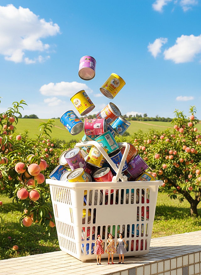 画面的主体是一个向镜头倾斜的白色塑料购物篮，将画面中的罐头提取到白色塑料购物篮里撑满画面，主体重复的、拥挤的、密集且杂乱堆叠，堆满内部，有的图片中的主体向镜头飞过来，高饱和色调。背景是一个蓝天白云的田园场景：周围都是桃子树。三位穿着复古裙装的小人看着购物篮。