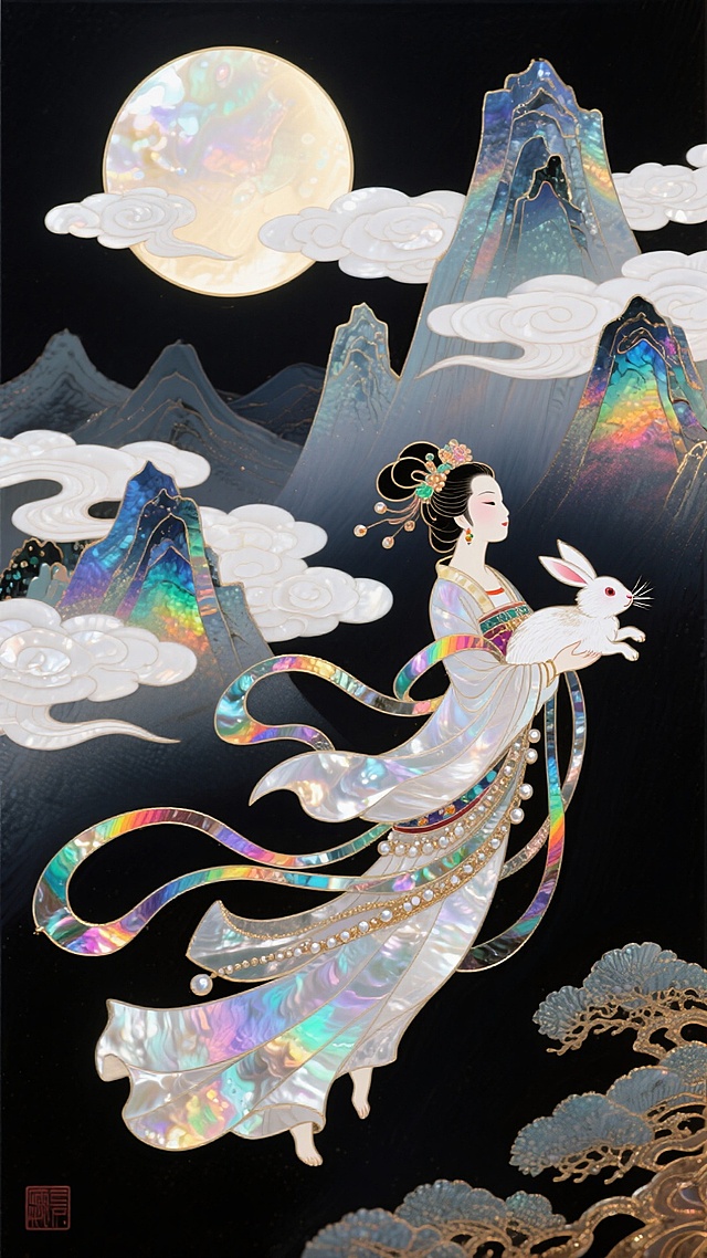 工笔风与国潮元素交融，嫦娥怀抱玉兔凌空而立，彩虹霓裳随风飘舞，琉璃质感的山川月色映衬出梦幻唯美的中秋意境。
