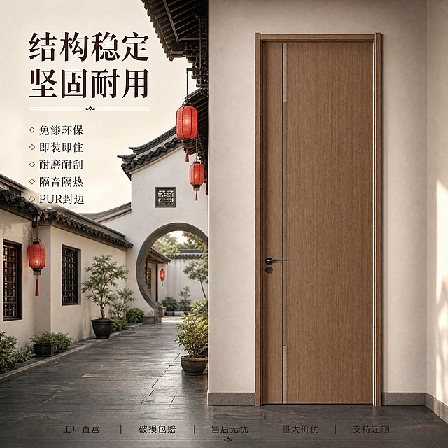 [主图-8] 深棕色长线条装饰室内木门 古风走廊电商主图。
[统一基调] 整体中式禅意风格，色调温润雅致，主色为木色与米白、深棕搭配，营造宁静致远的东方意境。标题字体为宋体/衬线体，深棕色主标题，米白色辅助文字，排版雅致不张扬。
[画面] 右侧为深棕色长线条装饰室内木门，正面贴墙安装，门完整全部露出，不裁切不遮挡，门的外观、颜色、长装饰线条、黑色门把手与输入产品图完全一致。左侧为古风走廊背景，地面是深灰色青石板，两侧是白墙黛瓦的中式建筑元素，墙上有花窗造型，远处可见圆形拱门，悬挂着几盏红色宫灯，地面有盆栽绿植点缀，营造幽深雅致的古典园林走廊氛围。门与墙面自然融合，有真实的接触阴影。
[光影质感] 商业摄影质感，柔和侧光为主，主光从右上方照射，门表面木纹和线条细节清晰，光影有纵深感，体现深木色的沉稳古典质感，阴影层次丰富。
[配色] 主色调：深木色、青灰色、白色、宫灯红色点缀、绿植色。背景色为灰调白墙，标题字色为深棕色，辅助文字为深灰色。
[文字版式] 左文右门版式，左侧上方为大标题「结构稳定 坚固耐用」，字体为宋体加粗，深棕色。标题下方依次排列卖点短句：免漆环保 即装即住 耐磨耐刮 隔音隔热 PUR封边。画面底部横向排列服务卖点：工厂直营 破损包赔 售后无忧 量大价优 支持定制，字体较小，深灰色，底部有极细的深棕色装饰线条。所有文字清晰可读，不遮挡门主体。
[输出要求] 1:1正方形，2048x2048，2K高清，文字清晰无错字，门主体清晰完整，产品外观与输入图一致。负向：变形、错字、模糊、杂乱、水印、平台Logo、门被裁切、门把手错位、线条变形、悬浮感、人物面部。