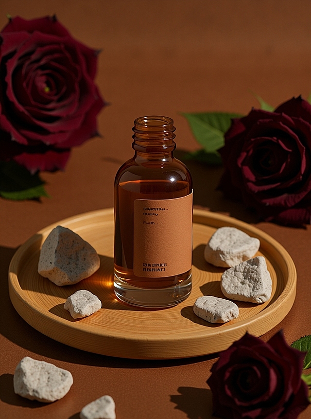 产品放置在木色托盘上。背景为柔和棕色，搭配异形水晶原石扩香石，以及深色玫瑰花，营造出自然、舒缓的氛围，突出产品的温和与纯净质感。