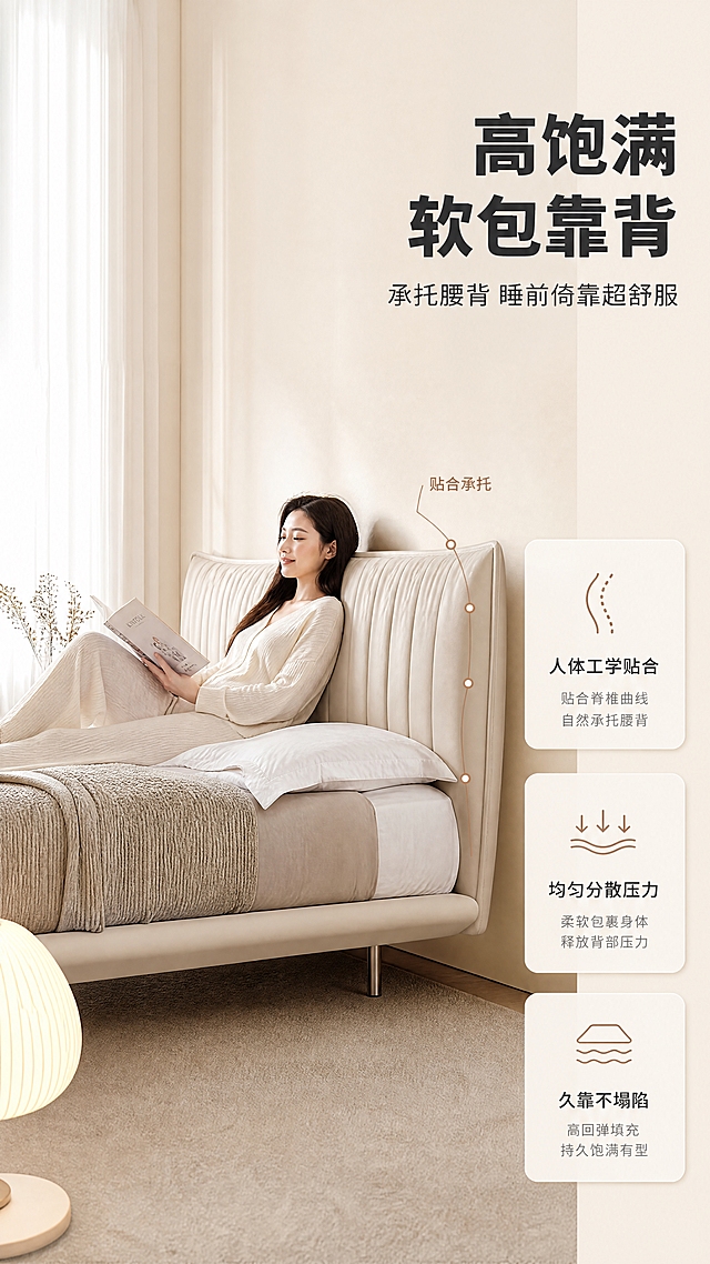 [商品] 使用【图1】M2527肌肉床；保留分段饱满床头、浅米色软包面料、悬浮床架、金属高脚的整体结构；自然理顺面料褶皱，增强软包质感，不改变床的颜色和比例。
[画面] 目标：软包靠背体验页，真人倚靠展示高饱满软包对腰背的承托感。构图：右文左景，右侧约1/3竖列文案区，左侧大场景；产品占画面约60%，床位于画面左中区域，侧面微仰角度；一位亚洲年轻女性穿着浅色家居服，半坐半靠在床头，背部自然贴合软包，手持一本书，呈现睡前阅读的放松状态；前景有地毯和落地灯一角，中景是床与人物，后景是窗帘与自然光。
[视觉] 套系策略：风格=现代轻奢奶油风商业摄影，明亮通透；标题字=现代无衬线粗体（思源黑体Heavy）；正文字=简洁无衬线体（思源黑体Regular）；主色=浅米杏+奶白；背景延展=基于浅米杏做深浅层级、同色渐变和细腻墙面/织物质感；强调色=奶茶棕，仅用于小面积图标、引线和标签；标题色=深炭灰；正文色=中暖灰；组件=圆角浅底信息卡、细线引线、胶囊卖点框；光影=左前侧暖柔光，自然光从窗而入，整体亮色调。
[文字] 右侧竖列：主标题「高饱满软包靠背」（7字），副标题「承托腰背 睡前倚靠超舒服」（12字）；下方3条卖点：「人体工学贴合」「均匀分散压力」「久靠不塌陷」；配一条弧线标注沿靠背曲线画出承托示意；文字不遮挡人物和床主体；所有文字横排。
[规格] 图片比例9:16竖版，4K分辨率，淘宝/天猫详情页风格，中文文案；避免变形、错字、文字过小、冷蓝/蓝灰背景、床结构改变、颜色失真、出现平台Logo水印。