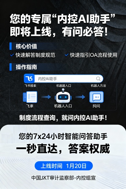 - 标题：《您的专属“内控AI助手”即将上线，有问必答！》- 内容要点：- 核心价值1：快速解答制度规范，核心价值2：快速指引OA流程使用- 上线时间：1月20日- 操作指南：飞书-搜索框查找“内控A预览效果