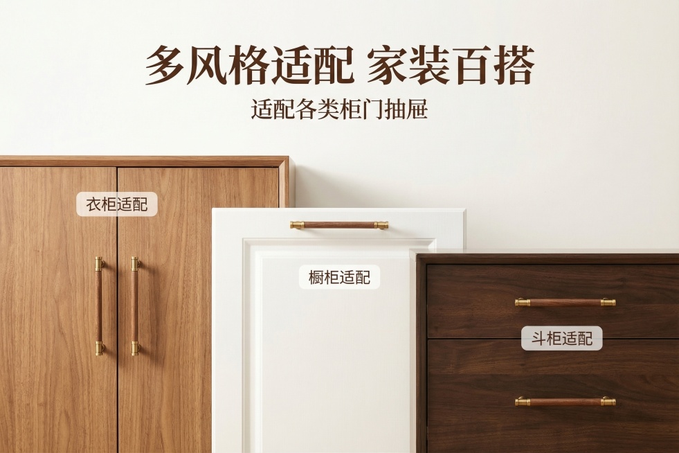 [主图主题]黄铜胡桃木柜门拉手多场景适配展示
[氛围/风格]中古风简约风格，明亮自然光，与前两图色调统一
[画面元素]拉手精确按照原图外观，黄铜拉丝+胡桃木材质，分别安装在三个不同的柜体上（浅胡桃衣柜预览效果
