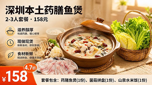 在第一张图的基础上修改，保留原有的版式、文字内容、暖色调风格和所有菜品布局。在画面中增加一盘真实的鲜切鱼片（参考第二张脆非鱼和第三张生斑鱼的鱼片样式，粉嫩通透带红血丝的新鲜鱼片，摆盘精致），放置在药膳鱼煲左前方合适位置，作为重点食材展示，突出鱼煲的新鲜原料。鱼片真实质感，与整体暖色调餐饮风格协调融合，不遮挡主要文字和价格区域。其余所有元素（标题、卖点图标、价格、蔬菜拼盘、菌菇拼盘、米饭、砂锅鱼煲）保持不变。