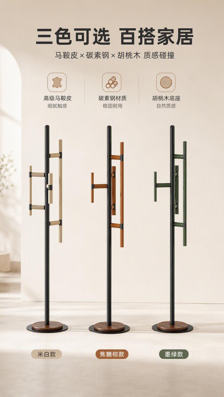 [商品] 使用【图1】三款衣帽架（左米白、中焦糖棕、右墨绿）；… - 图片创意预览