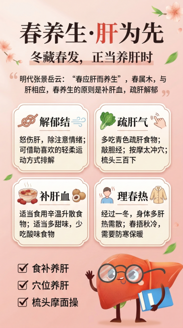 依照原图内容和排版重新设计春季养肝养生知识海报，标题为"春养生·肝为先"，副标题为"冬藏春发，正当养肝时"，保留解郁结、疏肝气、补肝血、理春热四个板块的养生内容，底部保留食补养肝、穴位养肝、梳头摩面操预览效果