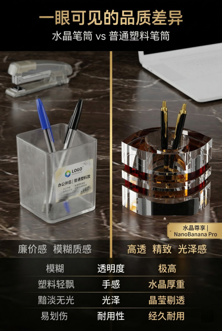 对比展示页，严格还原上传的水晶笔筒产品图，包括包装设计、颜色、LOGO位置、文字内容、图案元素等所有细节，产品在真实物理空间里与其他物体的大小关系视觉协调，比例保持1:1。左右分栏对比，左侧为普通塑料预览效果