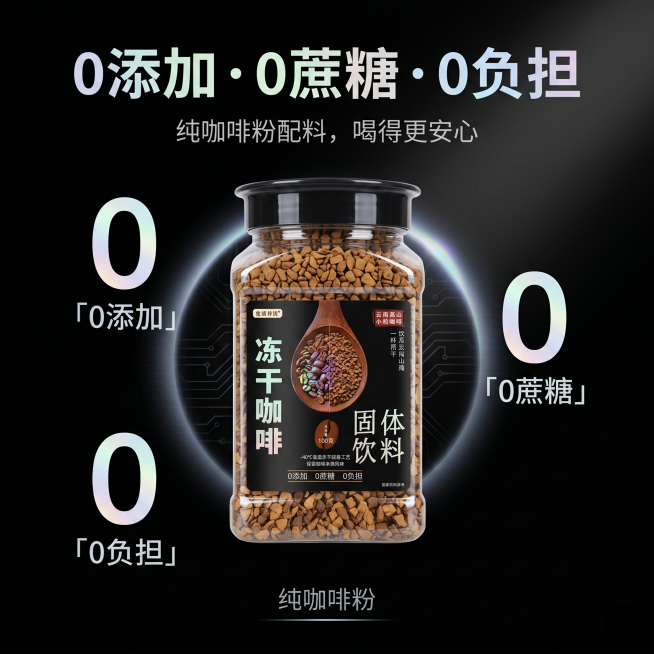 生成1:1竖版电商主图，整体风格简约轻奢加科技机能风，背景为纯净哑光黑，图中冻干咖啡瓶放在画面中心，瓶身周围添加三个极简无衬线图标，分别对应「0 添加 / 0 蔗糖 / 0 负担」，图标颜色为浅白加镭预览效果