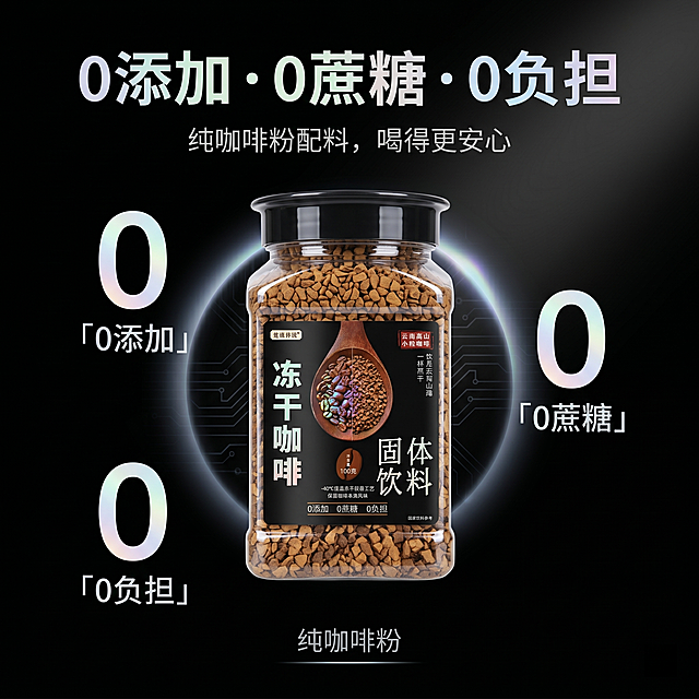生成1:1竖版电商主图，整体风格简约轻奢加科技机能风，背景为纯净哑光黑，图中冻干咖啡瓶放在画面中心，瓶身周围添加三个极简无衬线图标，分别对应「0 添加 / 0 蔗糖 / 0 负担」，图标颜色为浅白加镭射渐变。光影聚焦在瓶身上，突出产品纯净感，画面干净清爽。画面上方居中放置放大加粗的主标题"0 添加・0 蔗糖・0 负担"，主标题下方放置缩小的副标题"纯咖啡粉配料，喝得更安心"，三个卖点图标均匀分布在产品周围，底部添加"纯咖啡粉"极简标识，整体采用环绕式排版，文字与图标围绕产品分布，主标题放大加粗，副标题缩小，图标搭配镭射渐变效果。哑光黑背景突出透明瓶身里的冻干颗粒，图标简洁不杂乱，契合0负担的纯净调性，整体保持科技机能风格统一。