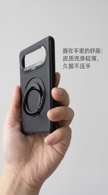 「图片1」「图片1」「图片1」第 1 屏（首屏视觉・抓眼）
视觉要求：
拍摄角度：45° 斜侧手持，同时展示橙 / 银 / 棕 / 黑四色手机壳（黑壳在前，其余三色叠在后方），手指轻触黑色壳的旋转支架预览效果