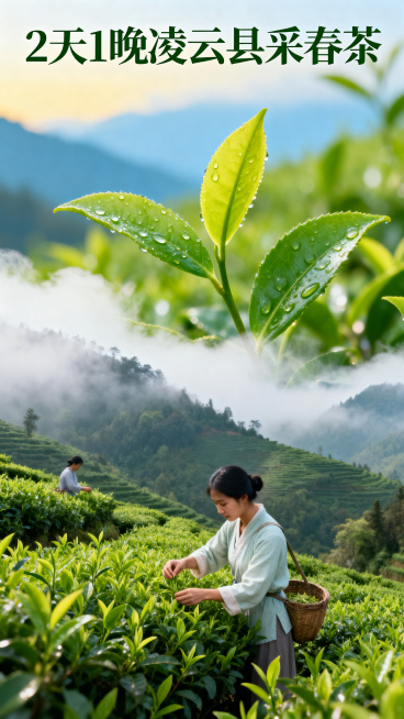 一张春天采茶活动宣传海报，主题是"2天1晚凌云县采春茶"，画面是漫山翠绿的茶园，采茶人在云雾缭绕的山间采摘鲜嫩春茶，整体风格清新自然，充满春日生机，海报上醒目标题文字"2天1晚凌云县采春茶"，充满田园预览效果