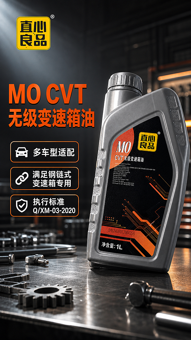 [第1屏] 详情页头图- CVT无级变速箱油硬核工业风宣传图。[氛围/风格] 工业科技感+商业摄影质感，深灰金属工作台背景，冷调主光+橙色点缀光。[元素布局] 产品主体（【图1】）置于画面右侧中上区，占60%；左侧留白区：顶部大标题“MO CVT 无级变速箱油”（橙色粗体），下方3个胶囊卖点卡：“多车型适配”“满足钢链式变速箱专用”“执行标准Q/XM-03-2020”；背景模糊机械车间与工具散落1L装瓶身结构、MO标识、橙黑标签色系与【图1】完全一致。[光影质感] 左上方45°主光打亮瓶身金属质感与标签细节，右下侧辅光补阴影。[配色色系] 全局底色#2D2D2D；主体瓶身#A8A8A8+#000000标签；橙色高亮#FF6B35；文字#FFFFFF。[视角构图] 正面微仰视; 阅读动线左上→卖点→产品。[文字版式] 标题居左上，字号占宽10%；卖点卡圆角矩形，白字+橙边，每卡≤8字；不遮挡MO标识与容量标。[比例分辨率] 9:16竖版，4K。[负向提示词] 瓶身变形、标签错字、颜色偏差、水印、背景杂乱、缺少金属质感、文字模糊。