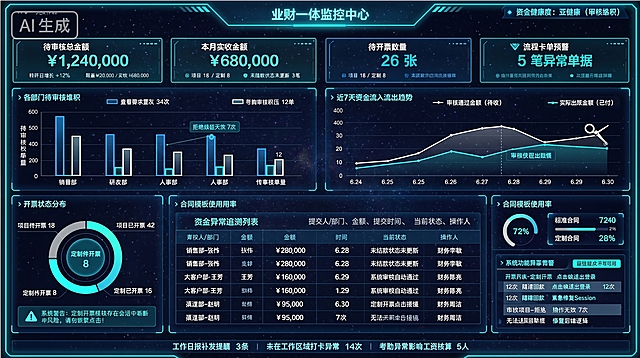保持所有内容和数据不变，将这张业财一体监控中心大屏的风格和颜色修改为和参考图1一致，使用青蓝色科技感霓虹边框和深色星空背景，统一配色方案