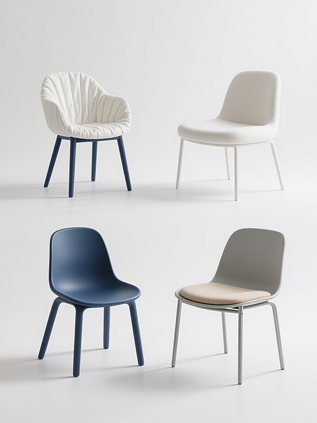 极简主义产品摄影风格，纯白纯色背景，4个不同设计的椅子规整排布成2x2网格，每个椅子保持清晰的轮廓光和柔和阴影，第一张为带褶皱白色椅套、深蓝色细木腿的靠背椅，第二张为现代简约无扶手白色布艺休闲椅，第三张为深蓝色塑料材质儿童靠背椅，第四张为浅灰色金属框架与米色软垫结合的餐椅，所有椅子均采用正面略微倾斜的45度角拍摄，高清晰度，柔和顶光源，无文字无logo无水印，物体边缘锐利，材质质感真实（布艺褶皱、塑料光滑度、金属反光），整体画面干净整洁，对称平衡的构图。