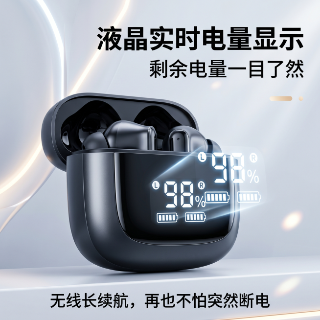 液晶实时电量显示，剩余电量一目了然，无线长续航，再也不怕突然断电，电量显示款，特写数显屏幕，电商主图风格，1:1构图，大标题"液晶实时电量显示"，副标题"剩余电量一目了然"，底部小字"无线长续航，再也预览效果