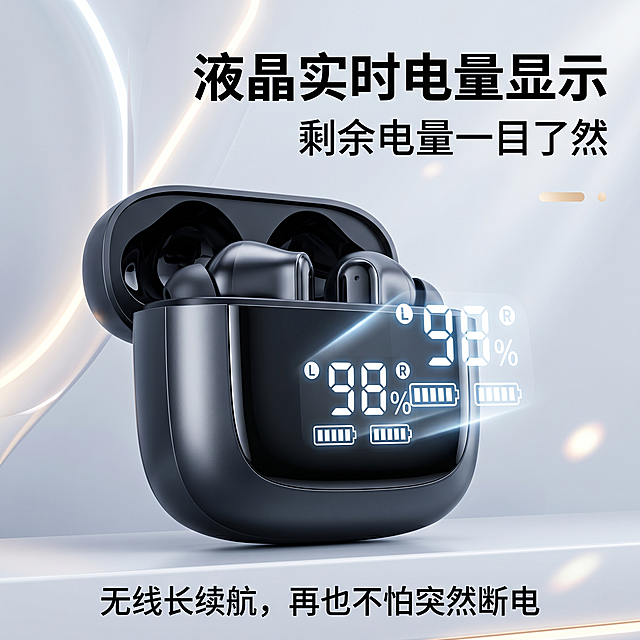 液晶实时电量显示，剩余电量一目了然，无线长续航，再也不怕突然断电，电量显示款，特写数显屏幕，电商主图风格，1:1构图，大标题"液晶实时电量显示"，副标题"剩余电量一目了然"，底部小字"无线长续航，再也不怕突然断电"